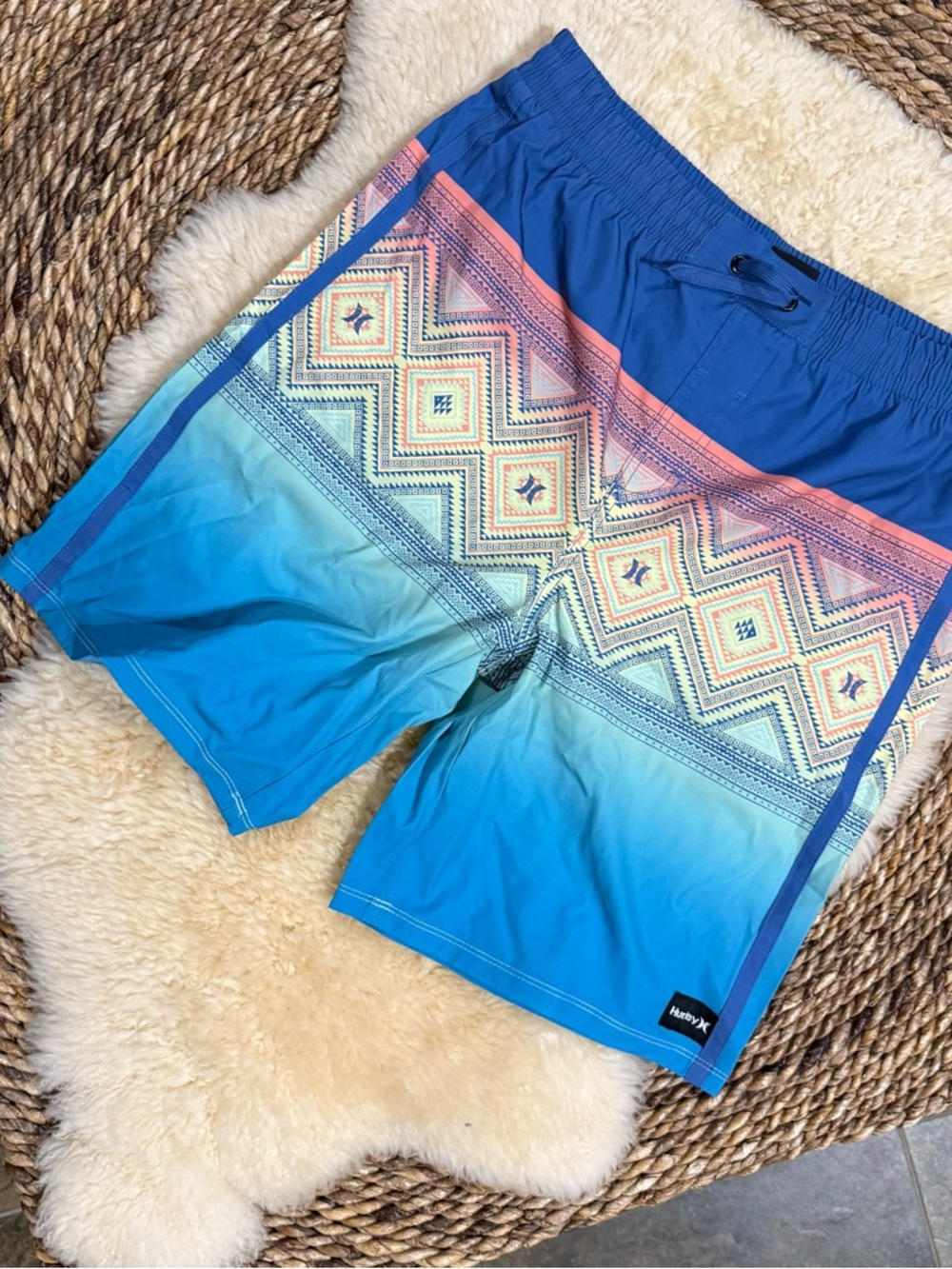 Hurley Blue Ombre Kids Swim Trunks with Coral Patterned Band